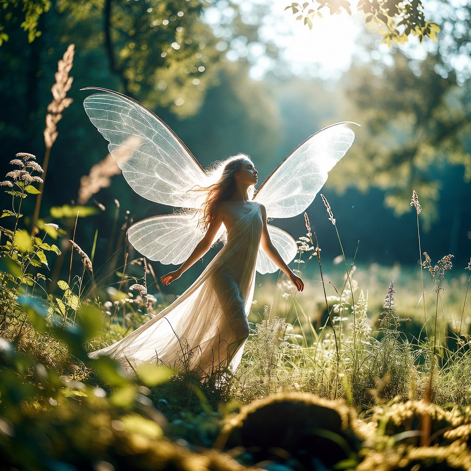 Fairy woman with wings in forest Fairy woman with wings in forest
