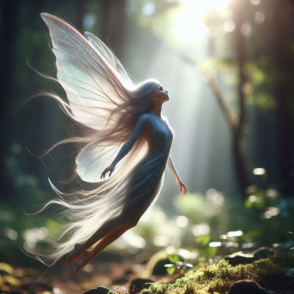 Fairy with wings flying in forest Fairy with wings flying in forest