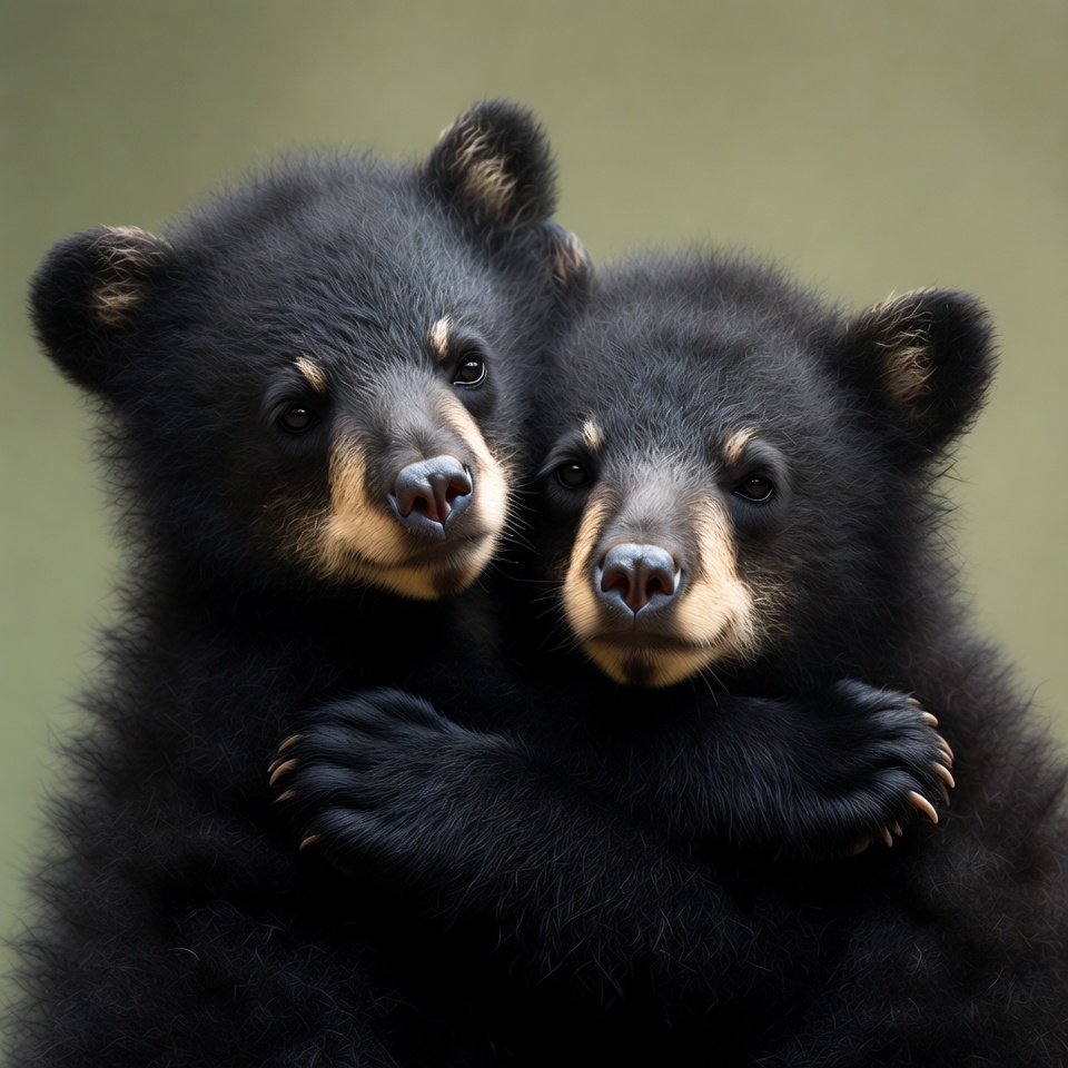 Two Cute Black Bear Cubs Hugging Two Cute Black Bear Cubs Hugging