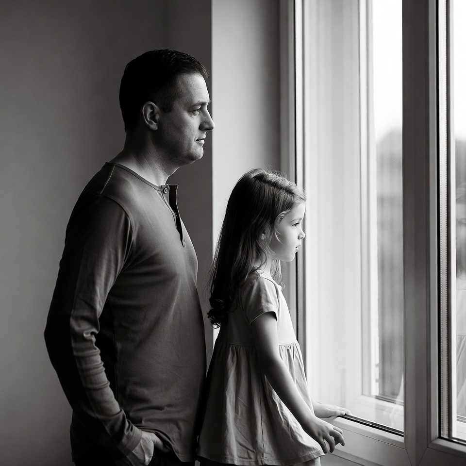 Father and daughter looking out window Father and daughter looking out window