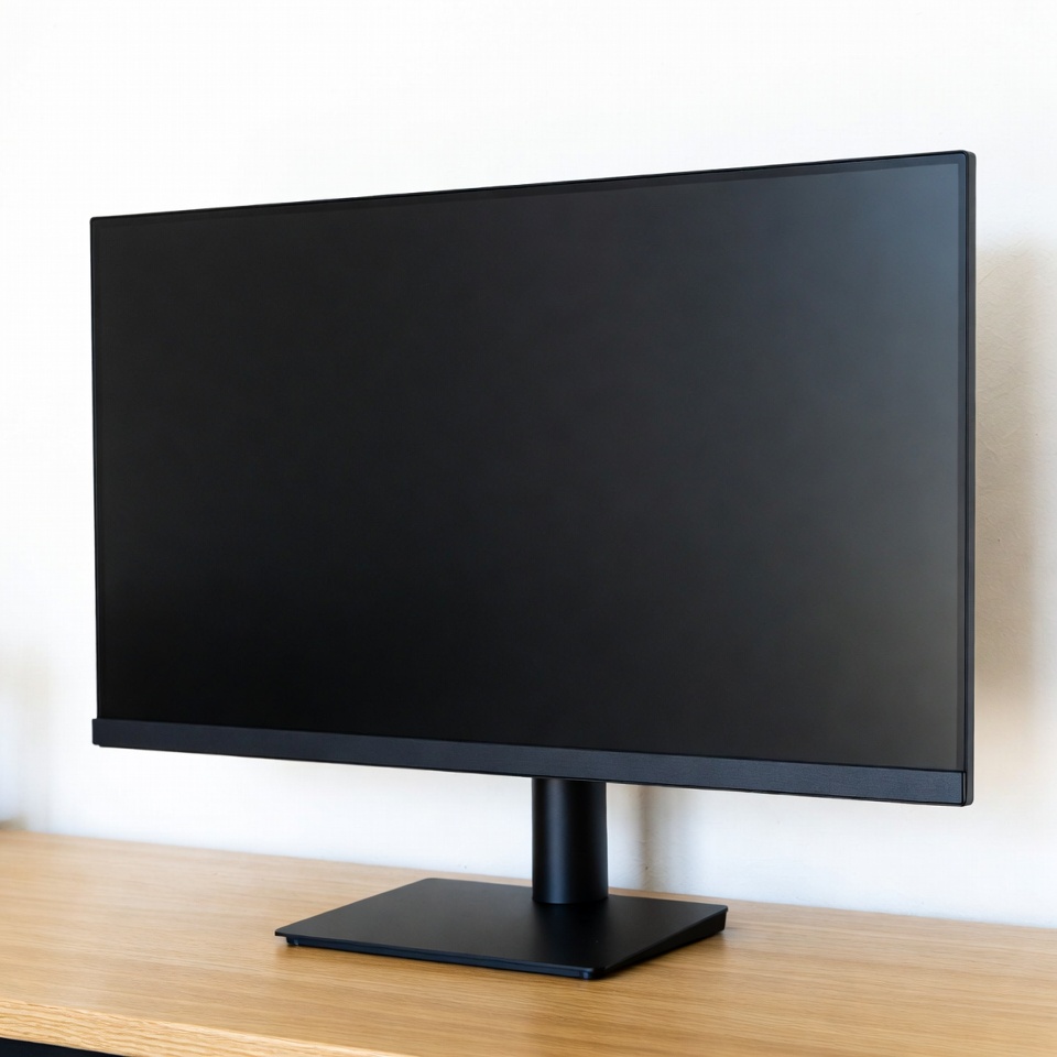 Black monitor on wooden desk Black monitor on wooden desk
