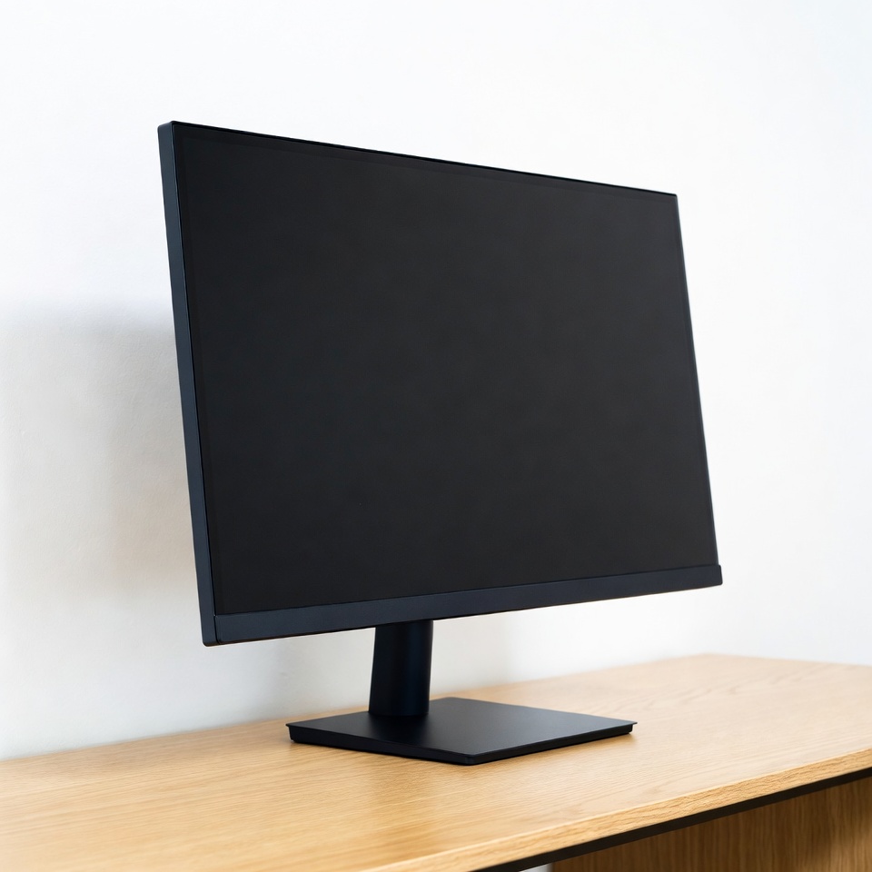 Black monitor on wooden desk Black monitor on wooden desk