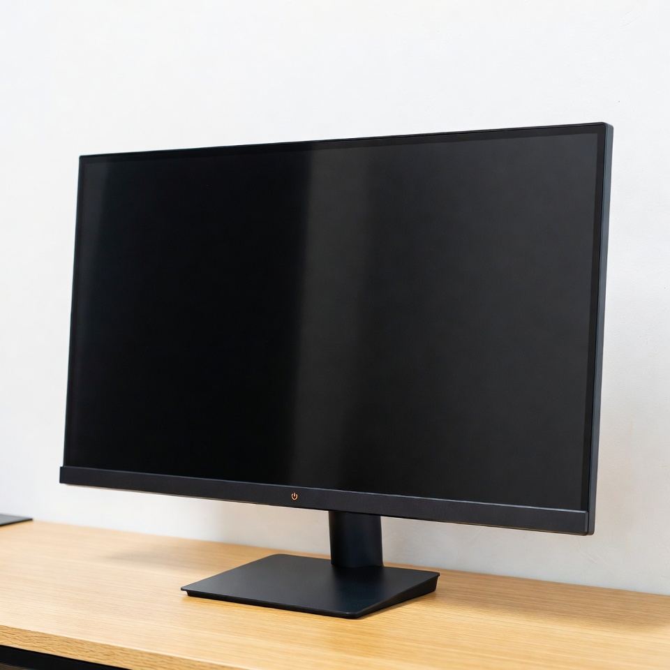 Black monitor on wooden desk Black monitor on wooden desk