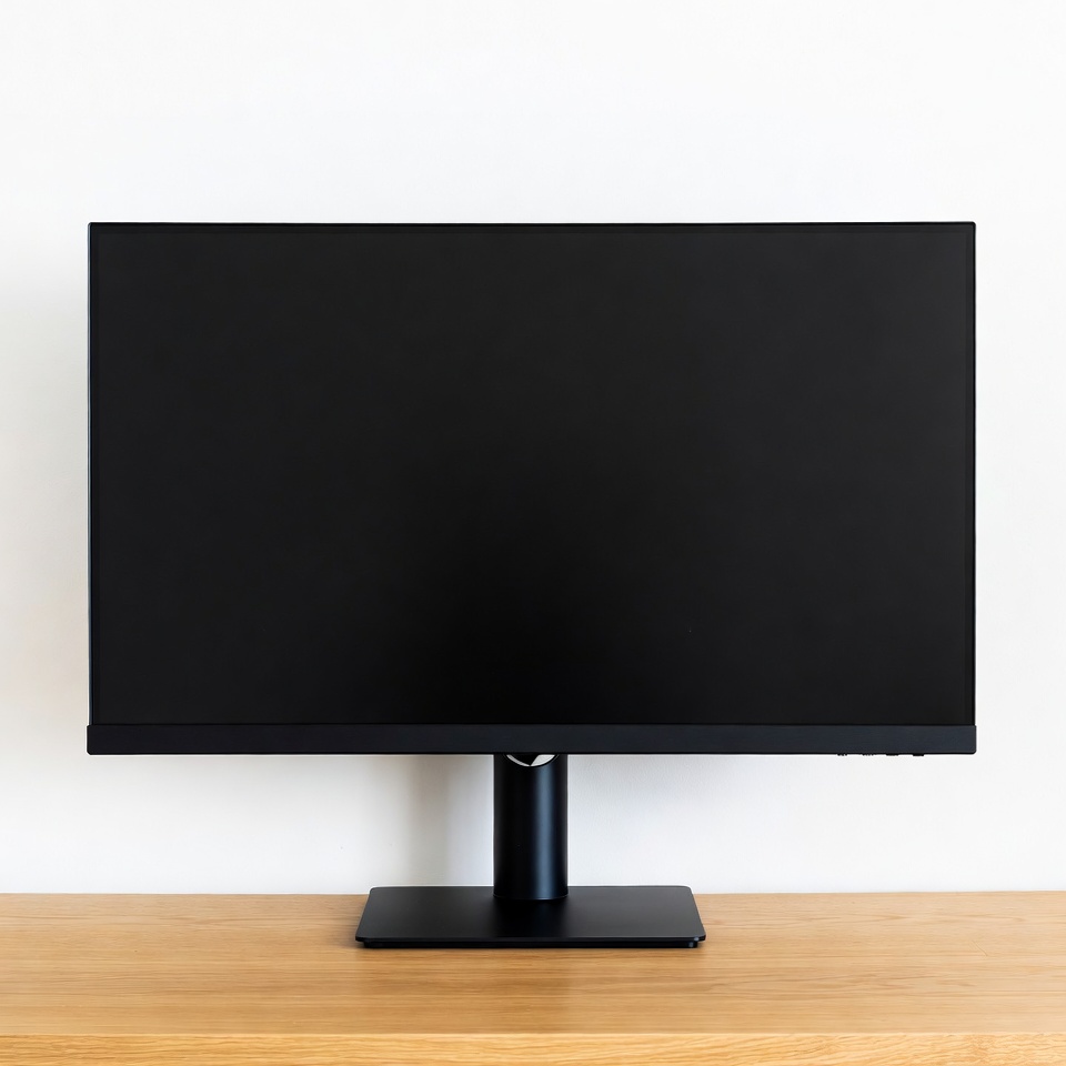 Black monitor on wooden desk Black monitor on wooden desk