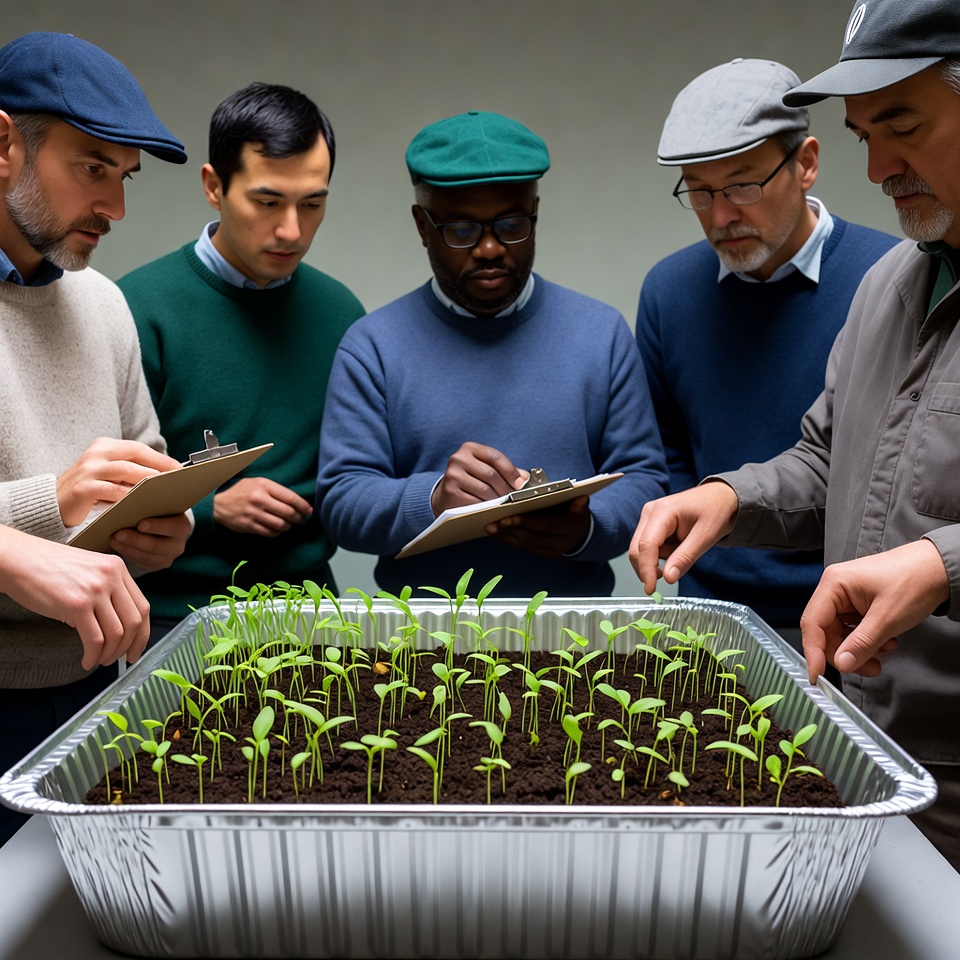 Men examining seedlings in tray Men examining seedlings in tray
