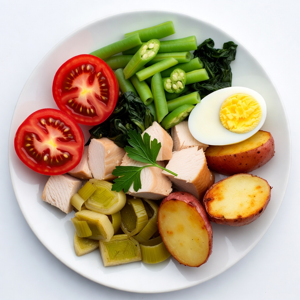 Healthy plate with chicken tomatoes potatoes Healthy plate with chicken tomatoes potatoes