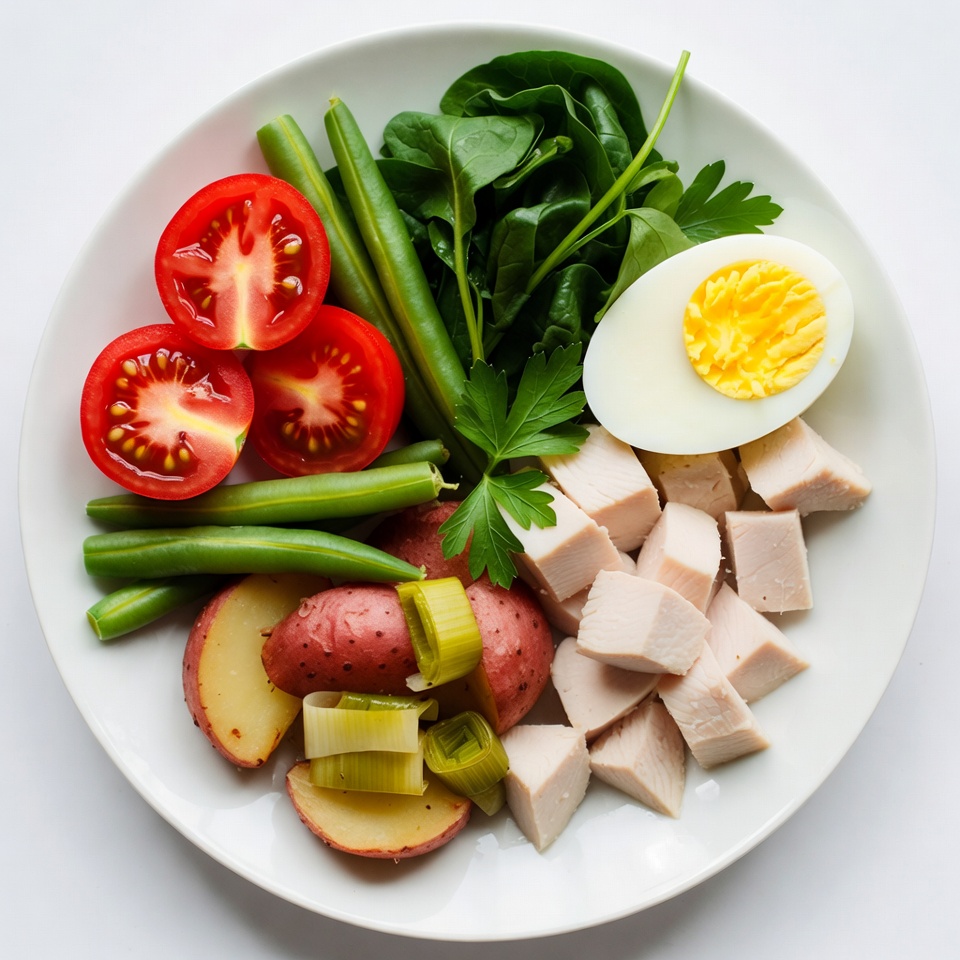 Healthy salad plate with chicken and egg Healthy salad plate with chicken and egg