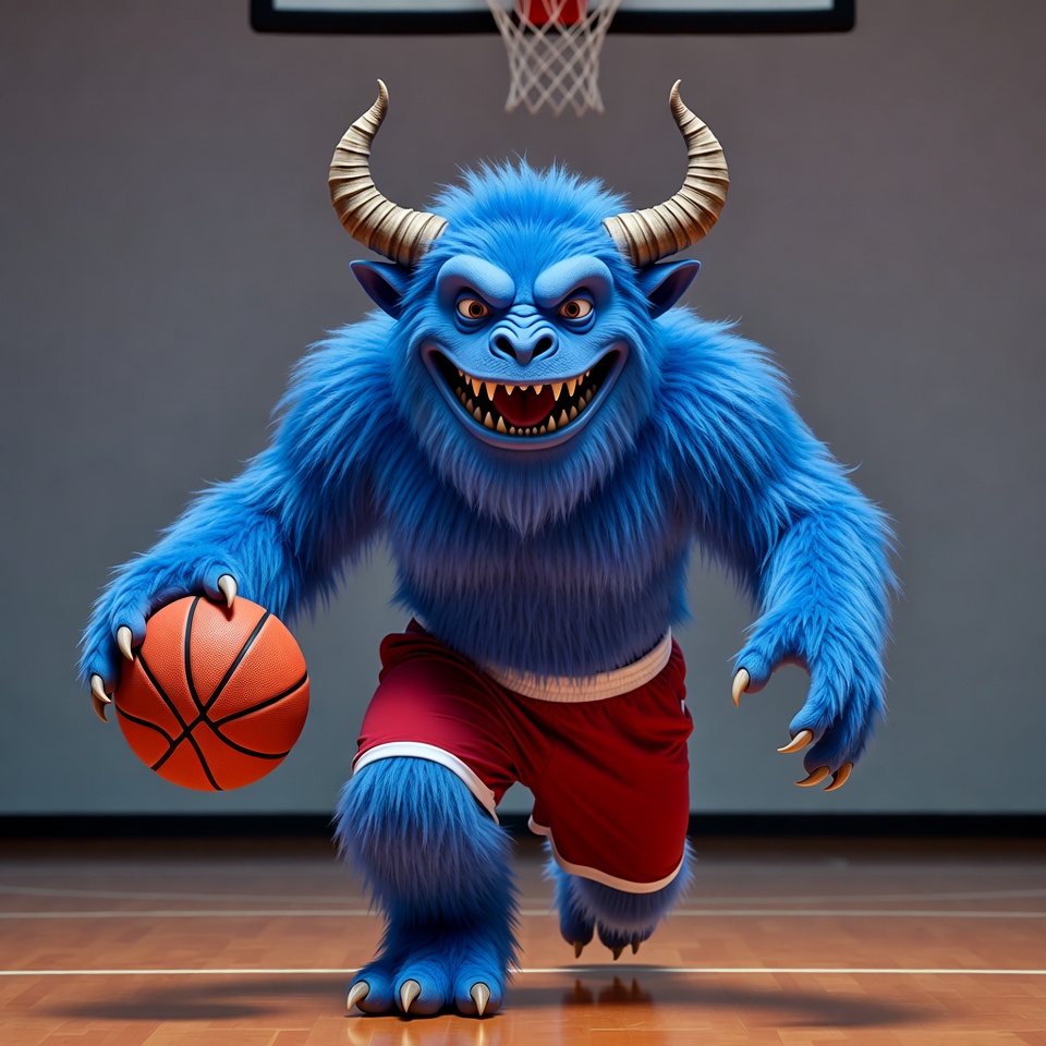 Blue furry monster dribbling basketball Blue furry monster dribbling basketball
