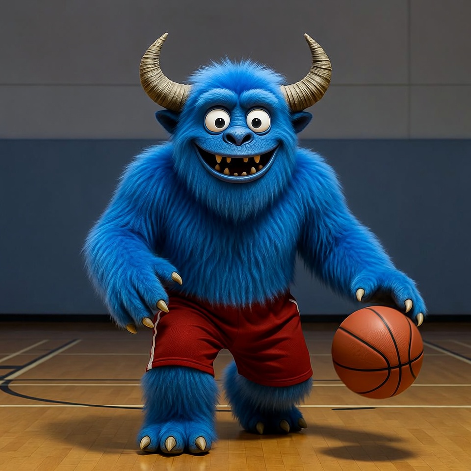 Blue furry monster dribbling basketball Blue furry monster dribbling basketball