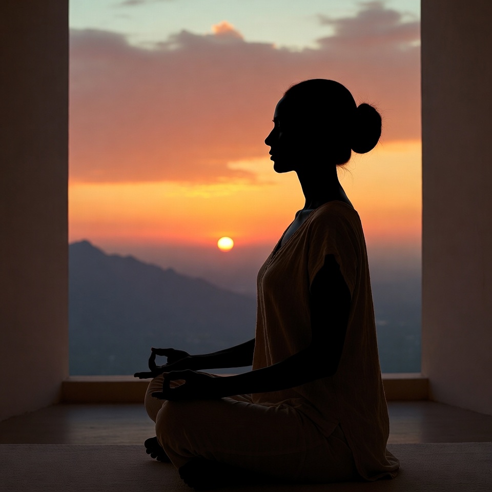 Silhouette woman meditating at sunset Silhouette woman meditating at sunset
