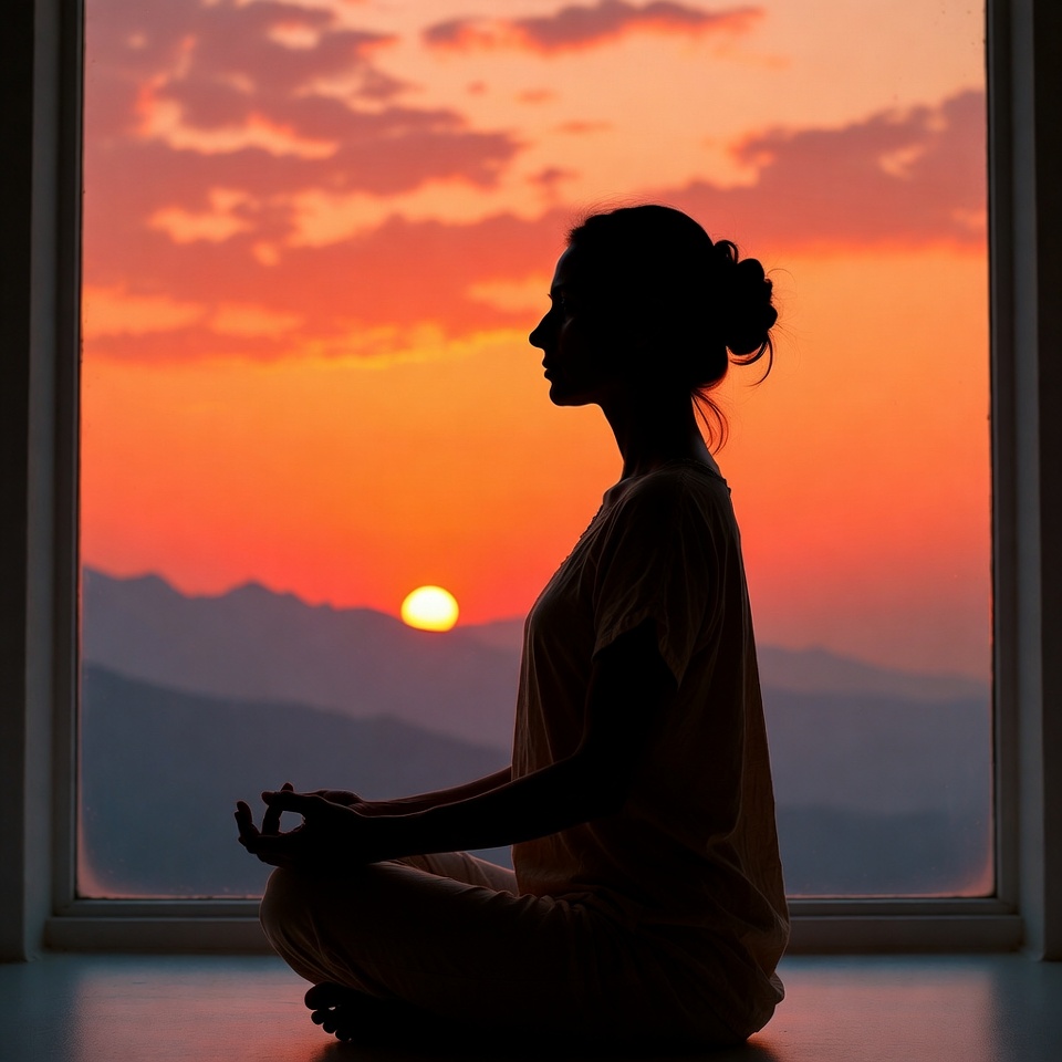 Silhouette woman meditating at sunset window Silhouette woman meditating at sunset window
