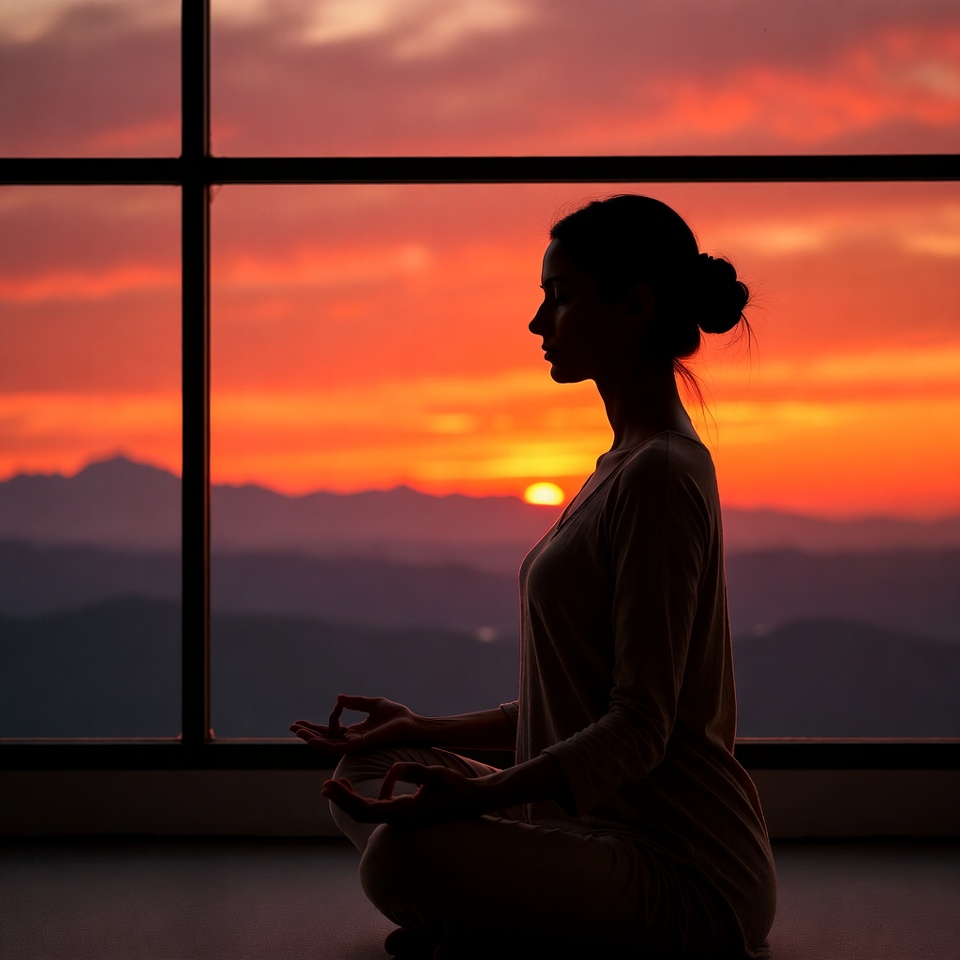 Woman meditating silhouette at sunset window Woman meditating silhouette at sunset window