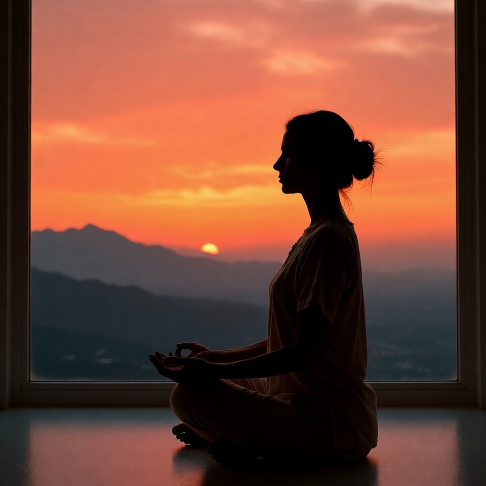 Silhouette woman meditating at sunset window Silhouette woman meditating at sunset window