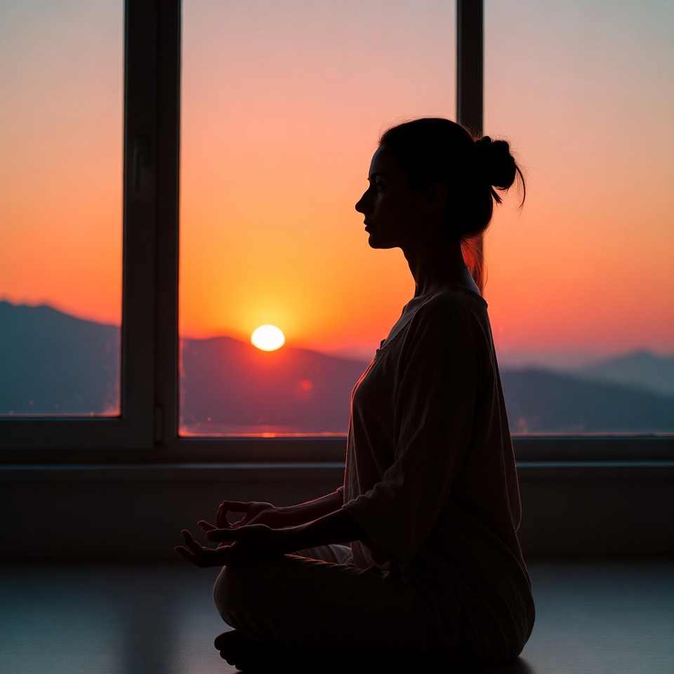 Woman meditating at sunset window Woman meditating at sunset window
