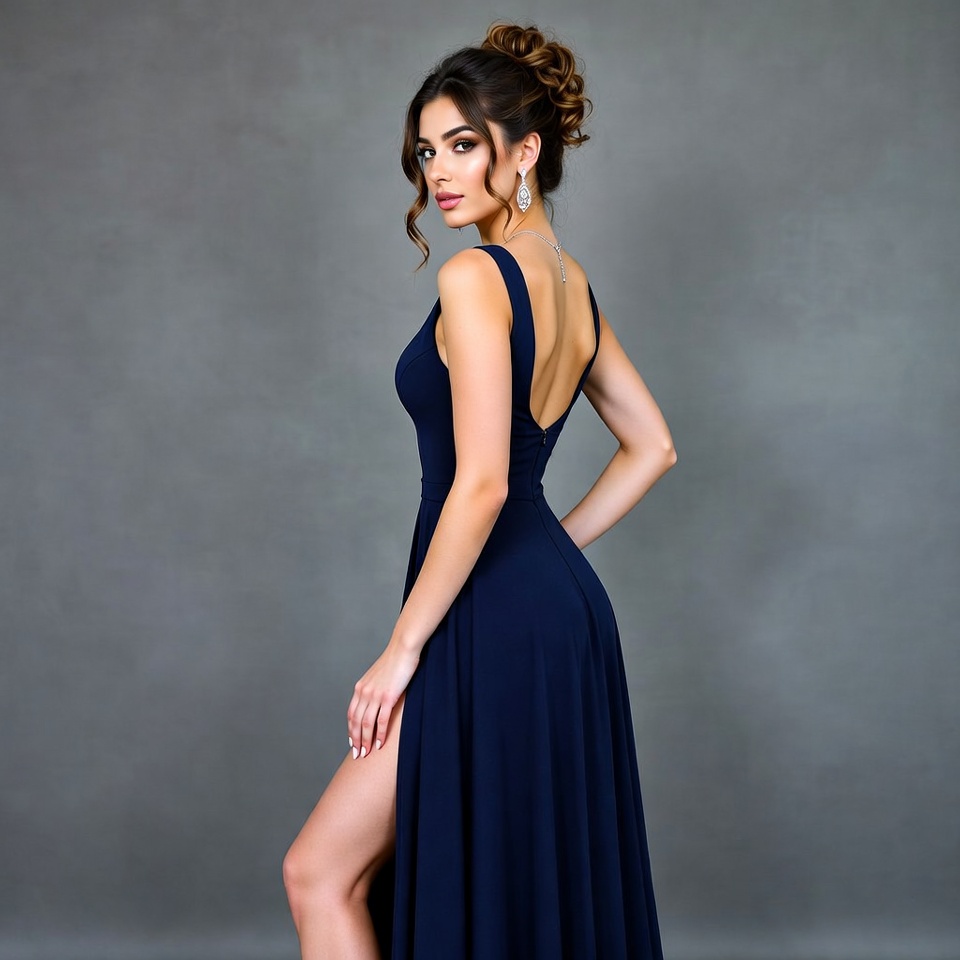 Woman in navy backless slit dress Woman in navy backless slit dress