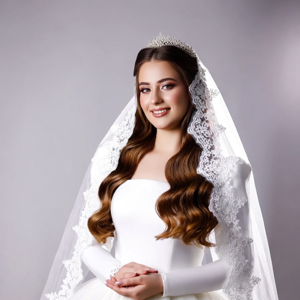 Bride in lace veil and gown Bride in lace veil and gown