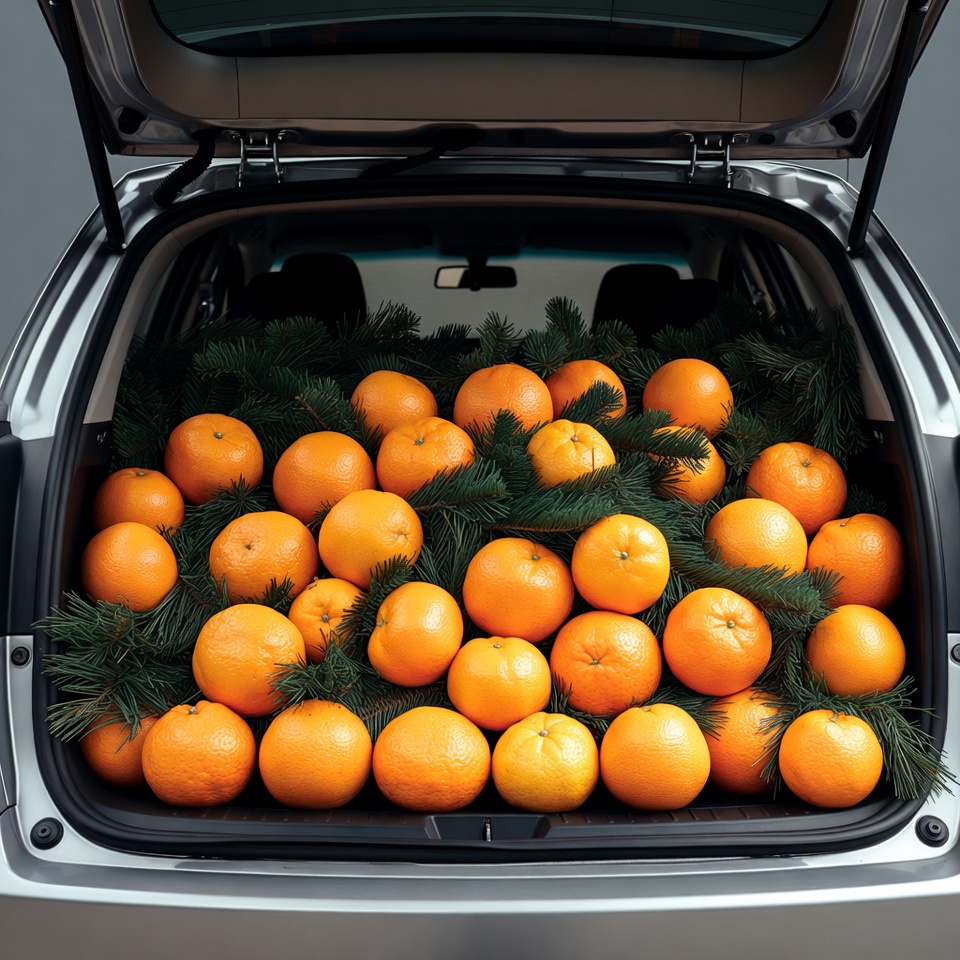 Oranges and Christmas Branches in Car Trunk Oranges and Christmas Branches in Car Trunk
