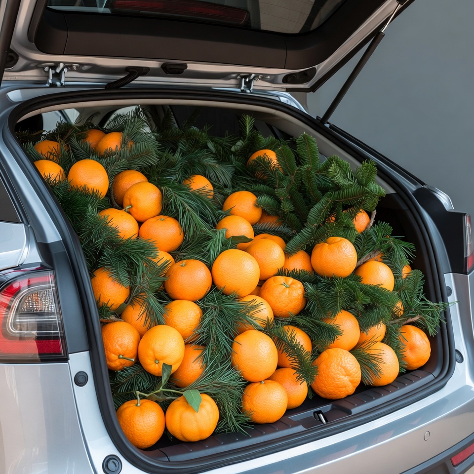Car Trunk Filled with Oranges and Pine Branches Car Trunk Filled with Oranges and Pine Branches