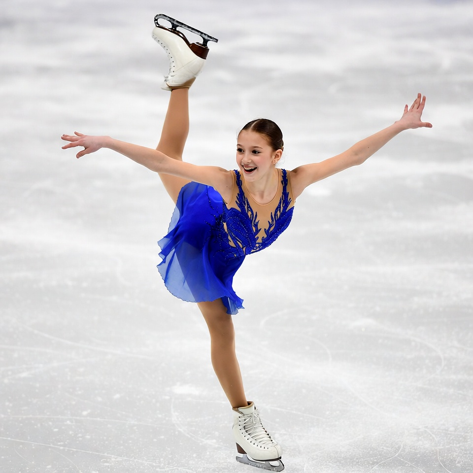 Girl figure skater performing split jump Girl figure skater performing split jump
