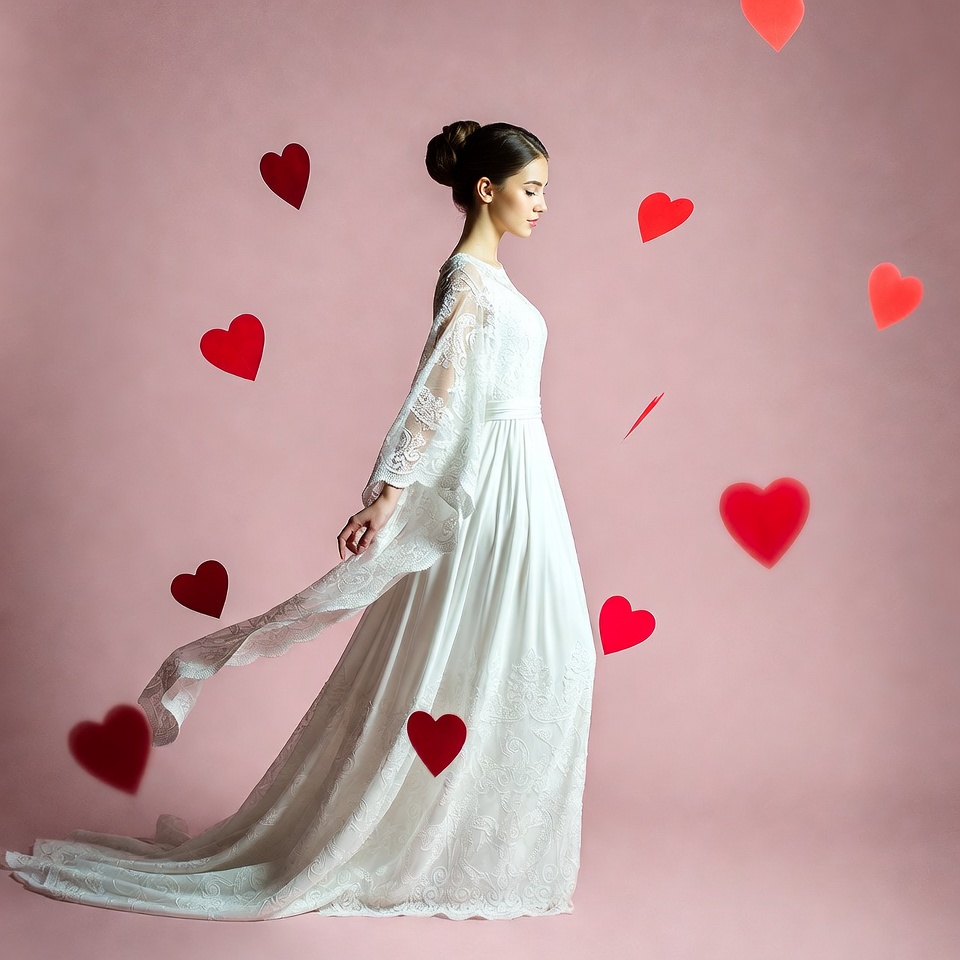 Woman in white lace gown with floating hearts Woman in white lace gown with floating hearts