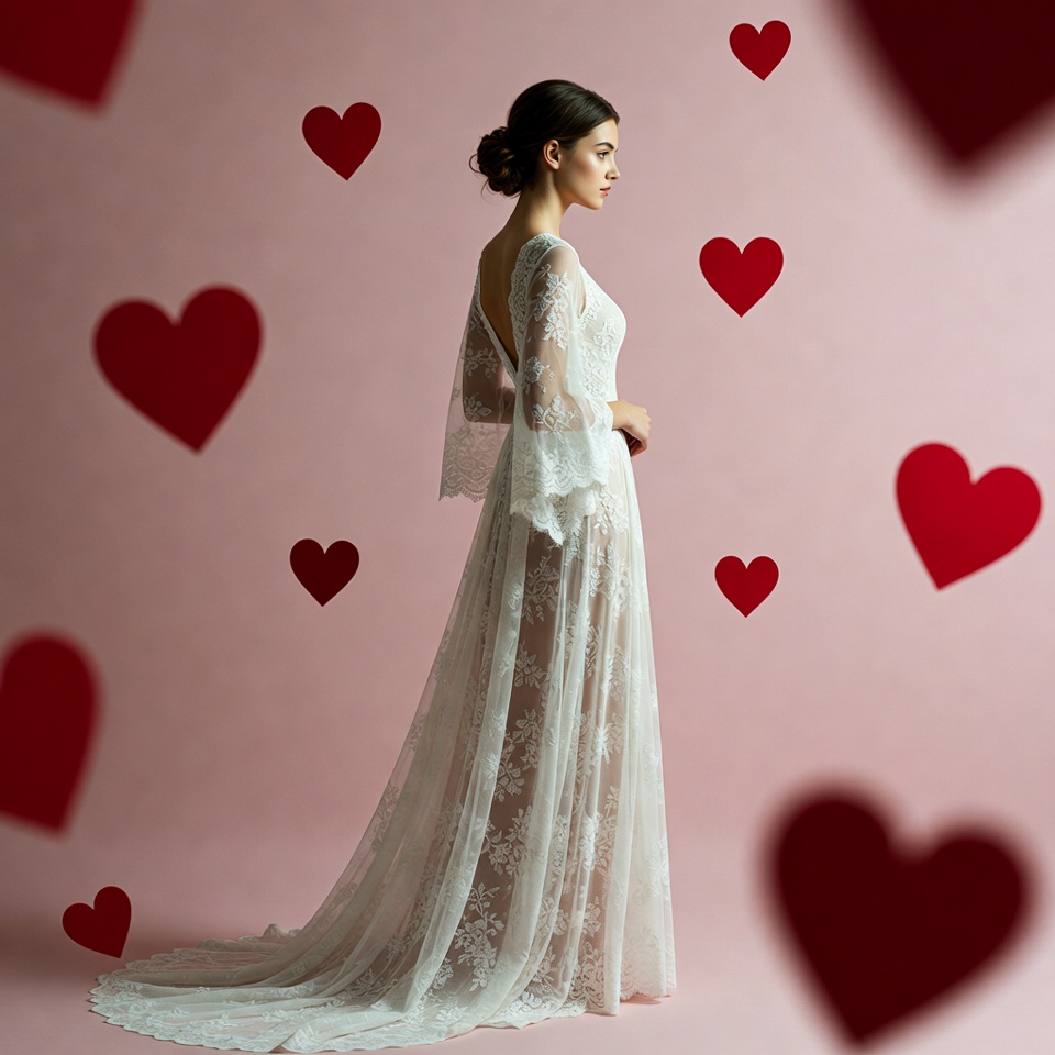 Woman in lace wedding gown with hearts Woman in lace wedding gown with hearts