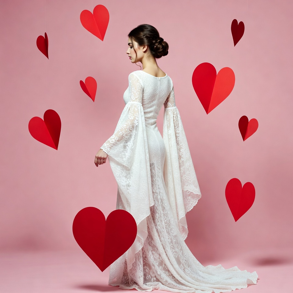 Woman in white lace dress with floating hearts Woman in white lace dress with floating hearts