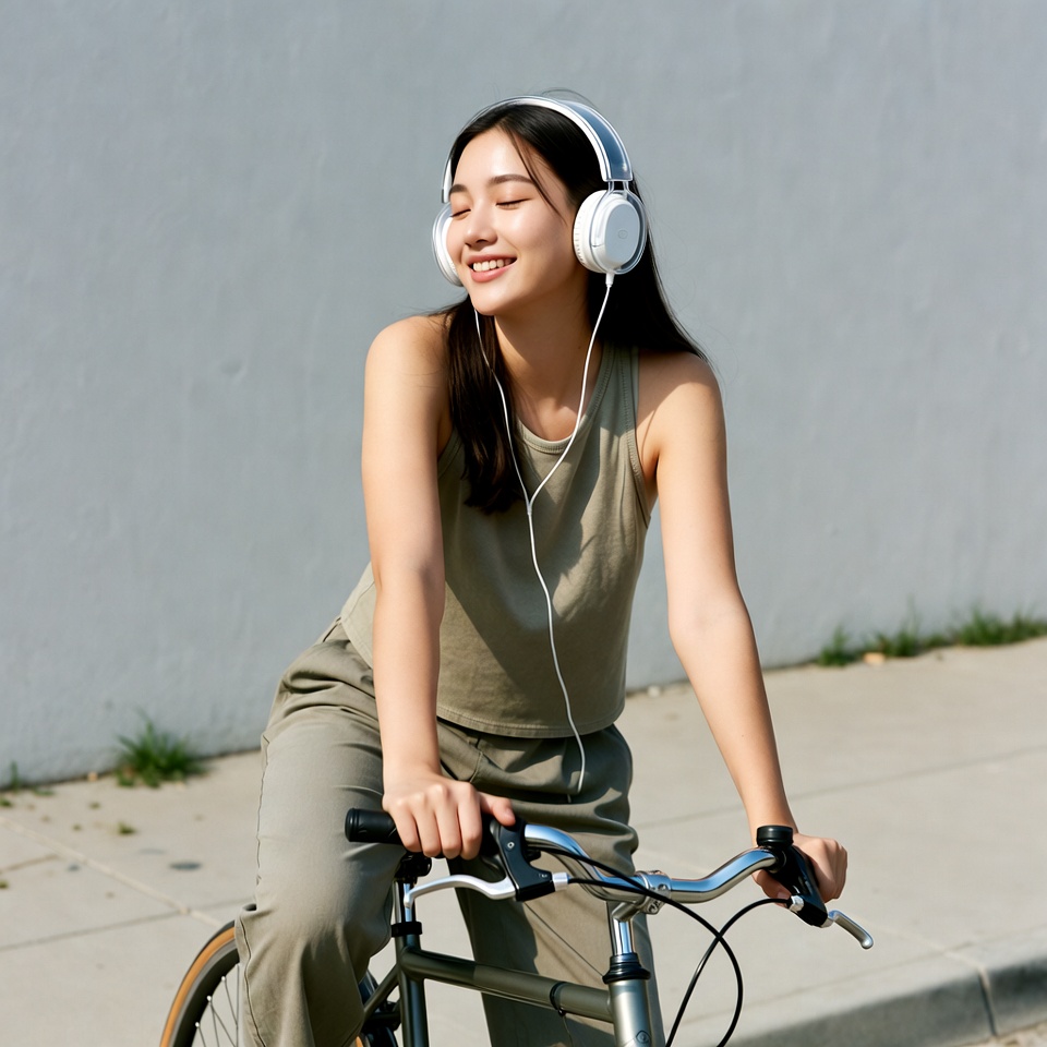 Asian girl riding bike with headphones Asian girl riding bike with headphones
