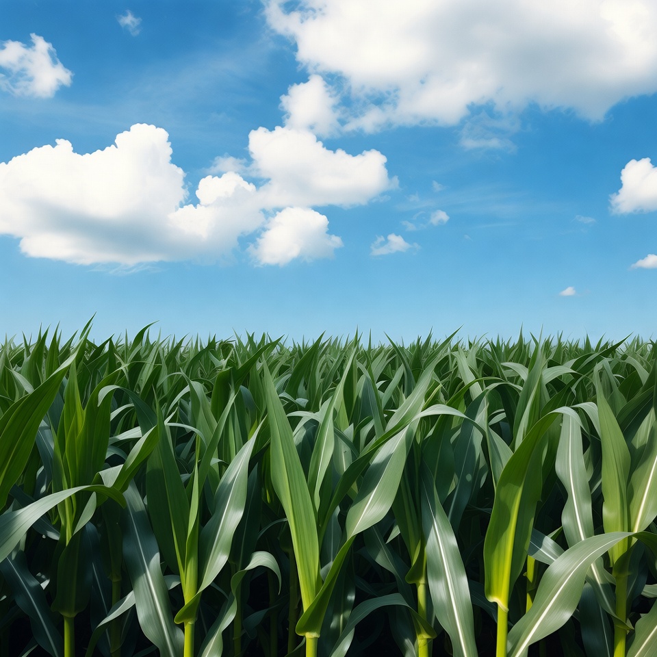 Green corn field under blue sky Green corn field under blue sky