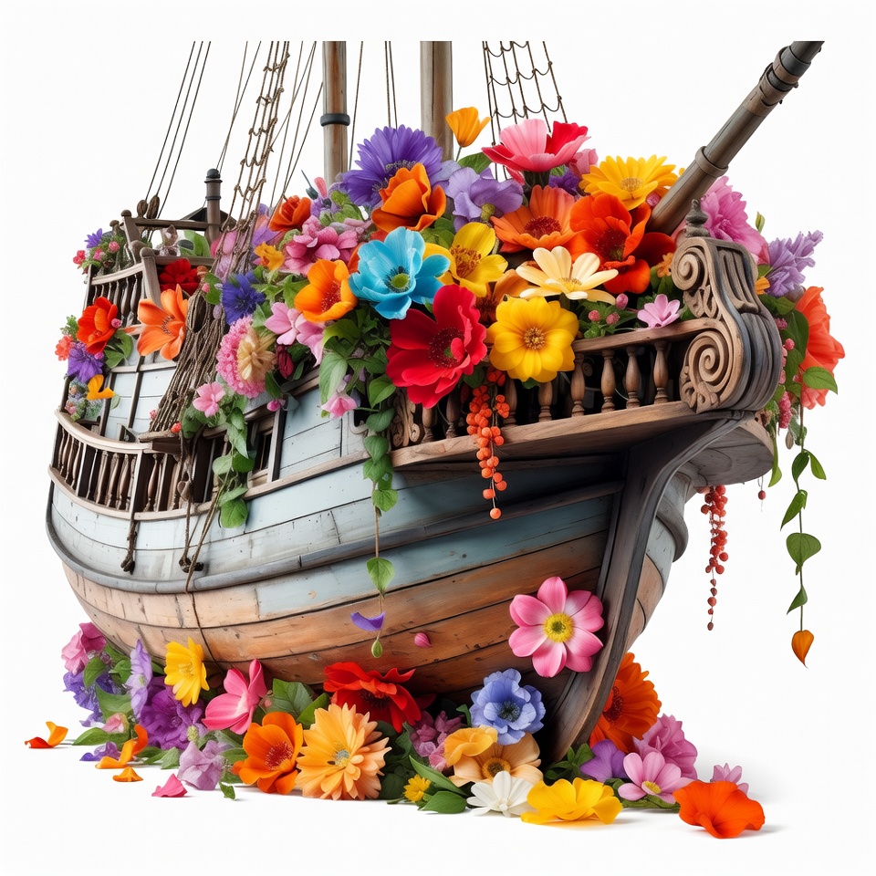 Flower-Covered Wooden Sailing Ship Flower-Covered Wooden Sailing Ship