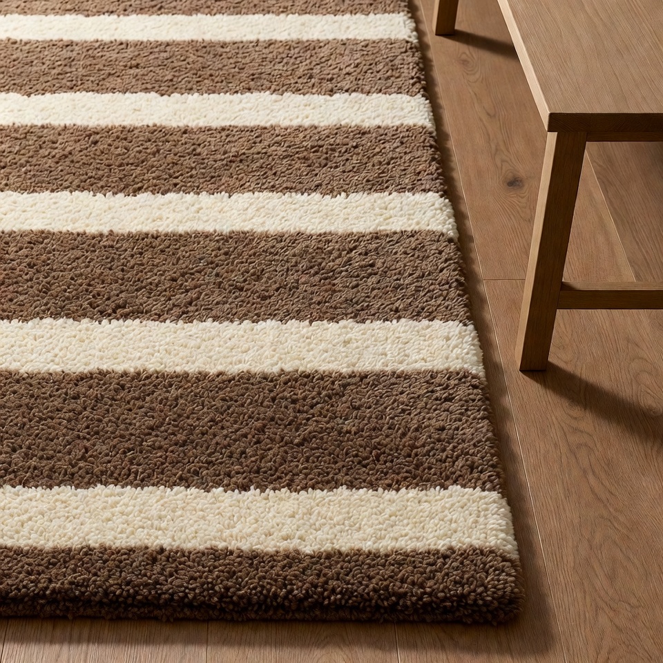 Striped Brown White Rug on Wood Floor Striped Brown White Rug on Wood Floor
