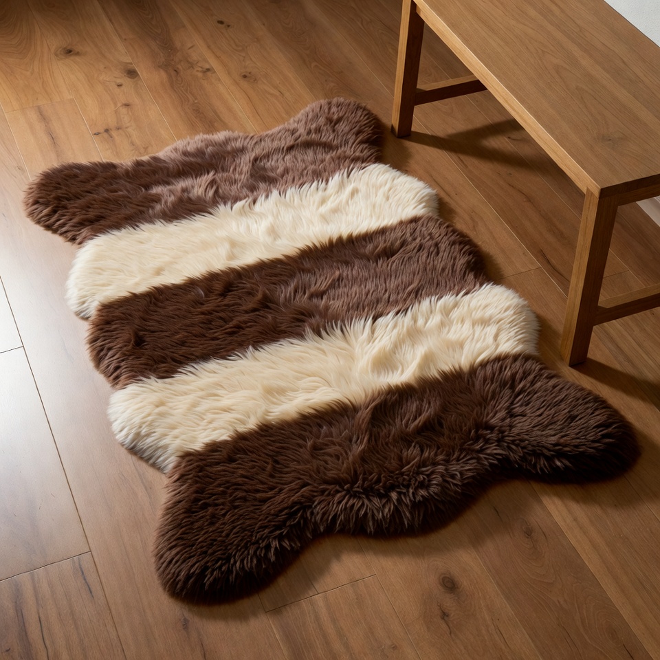 Brown White Sheepskin Rug on Floor Brown White Sheepskin Rug on Floor