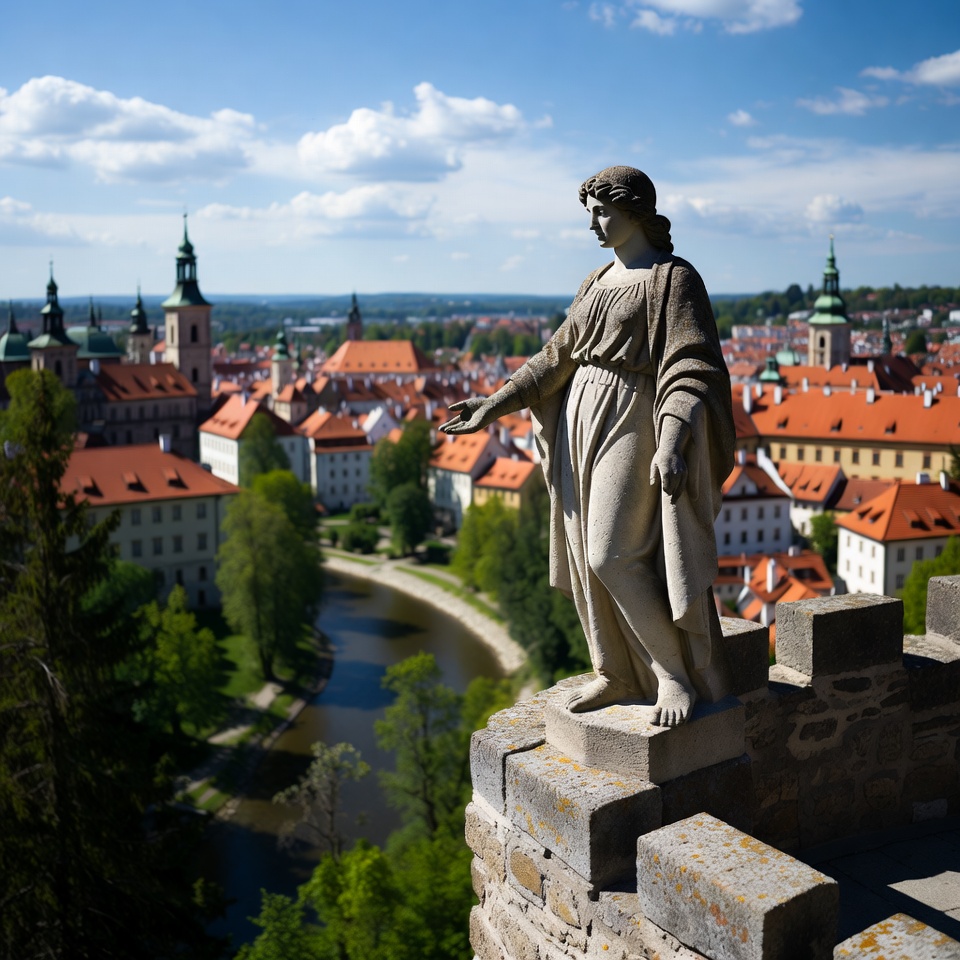 Statue overlooking Prague rooftops Statue overlooking Prague rooftops
