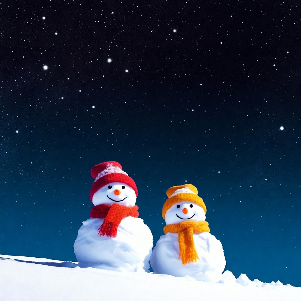 Two Snowmen with Scarves on Snowy Night Two Snowmen with Scarves on Snowy Night