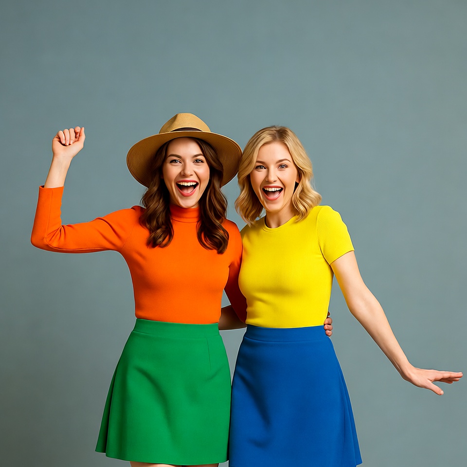 Two women laughing in colorful outfits Two women laughing in colorful outfits