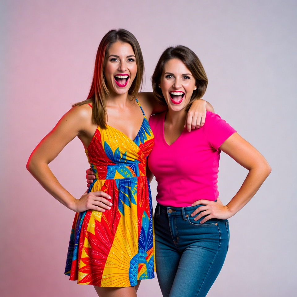 Two women laughing with arms around each other Two women laughing with arms around each other