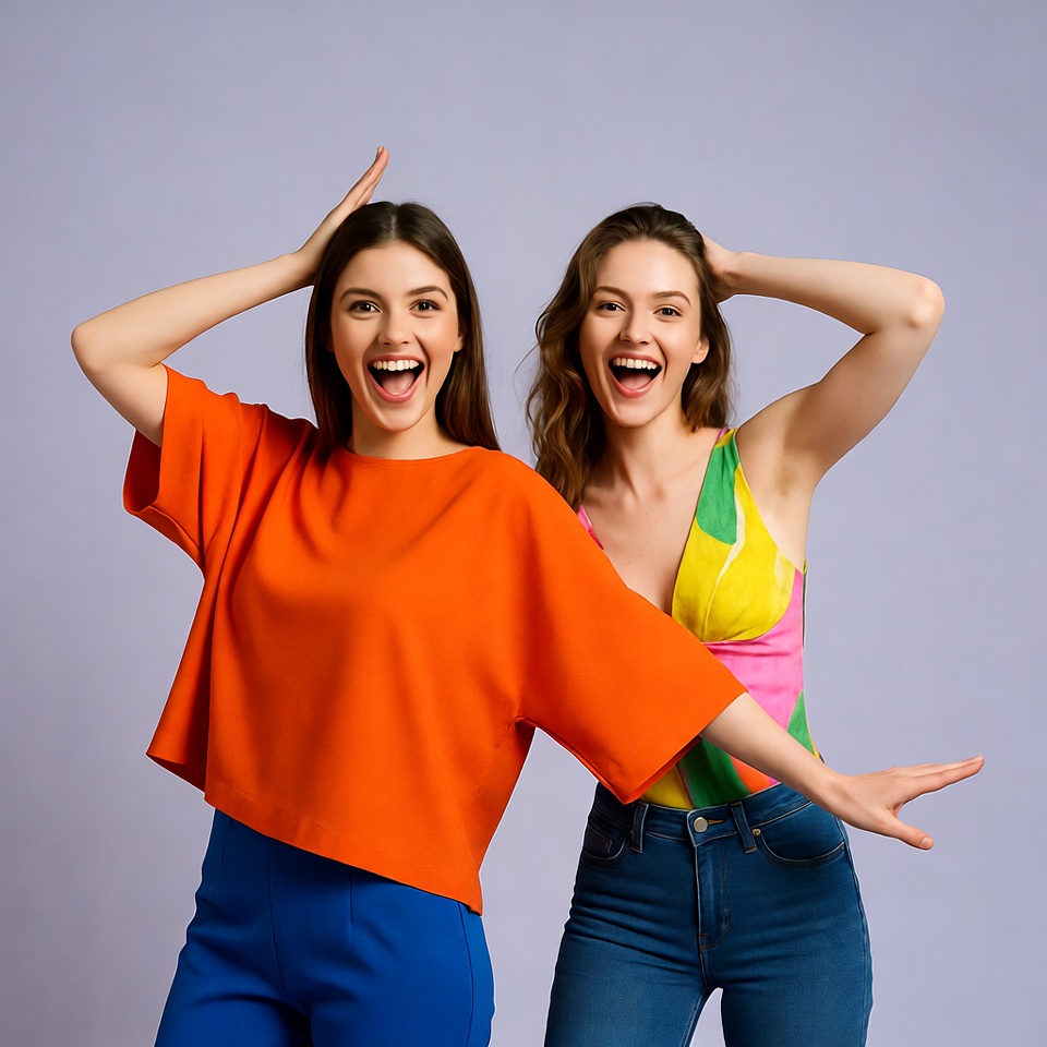 Two women smiling with hands on heads Two women smiling with hands on heads