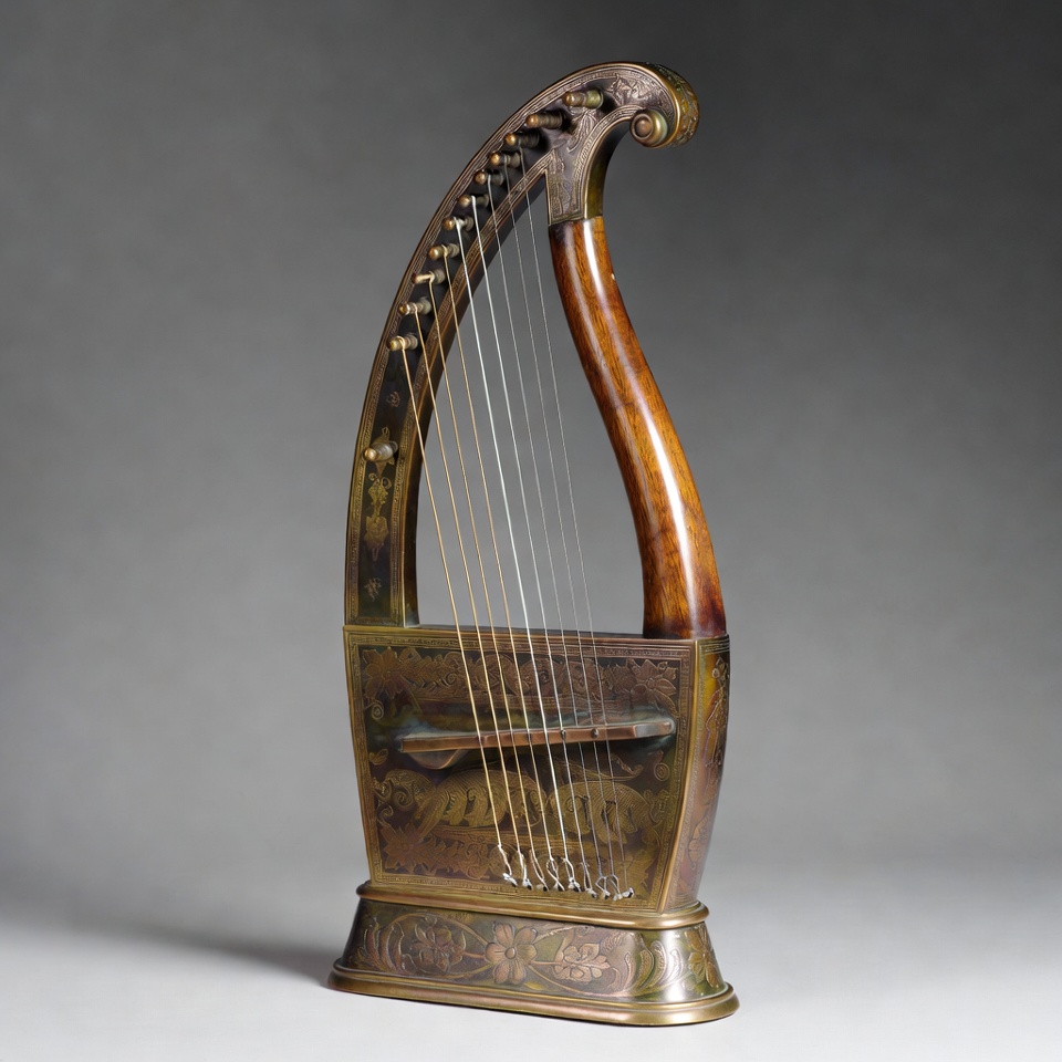 Ornate Bronze Harp Instrument Ornate Bronze Harp Instrument