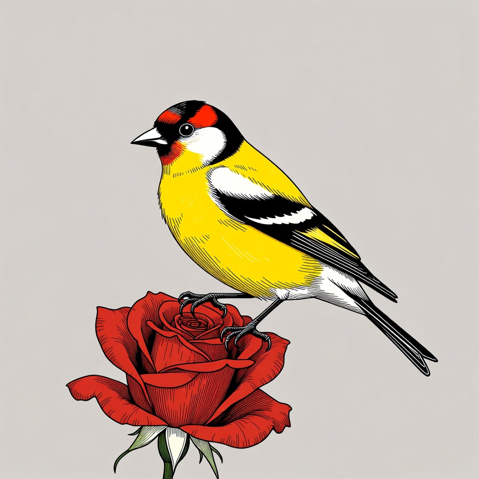Goldfinch perched on red rose Goldfinch perched on red rose