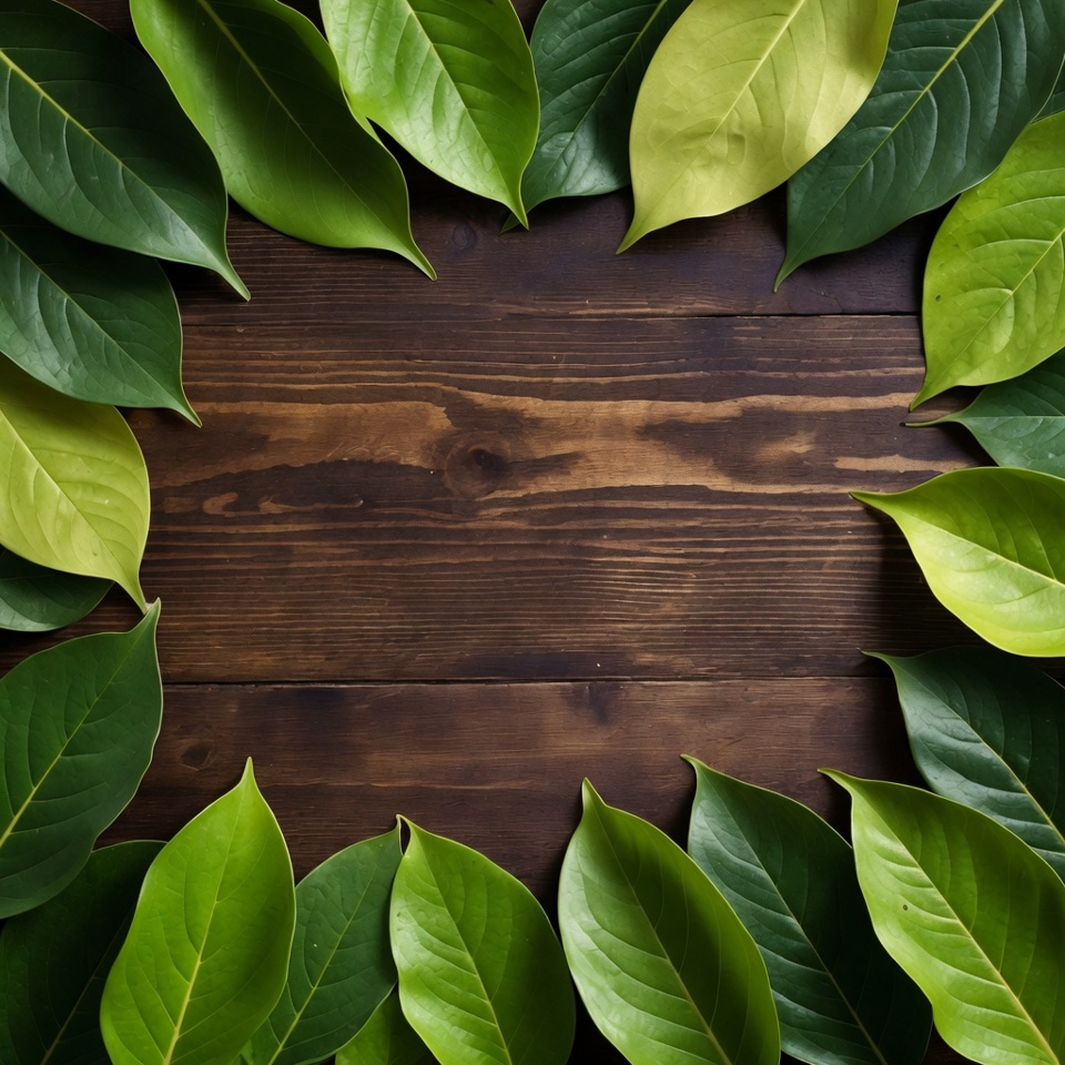 Green leaves arranged on wooden surface Green leaves arranged on wooden surface