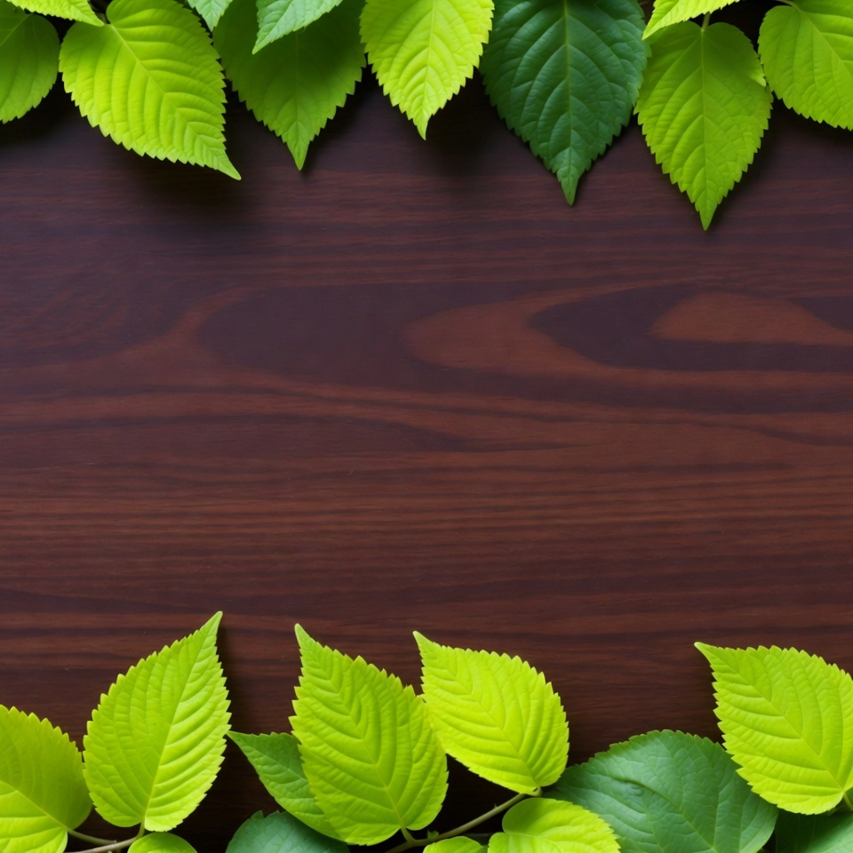 Green leaves border on wooden table Green leaves border on wooden table