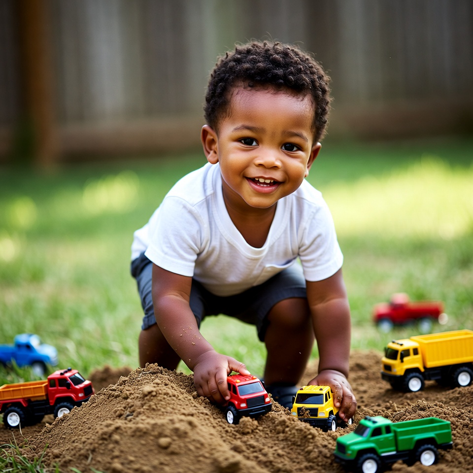 African-American toddler playing toy trucks African-American toddler playing toy trucks