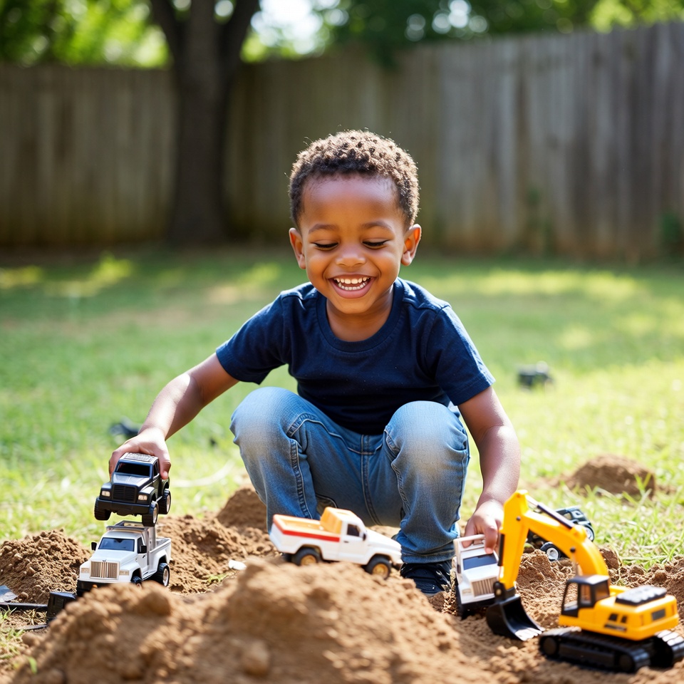 African-American boy playing toy trucks African-American boy playing toy trucks