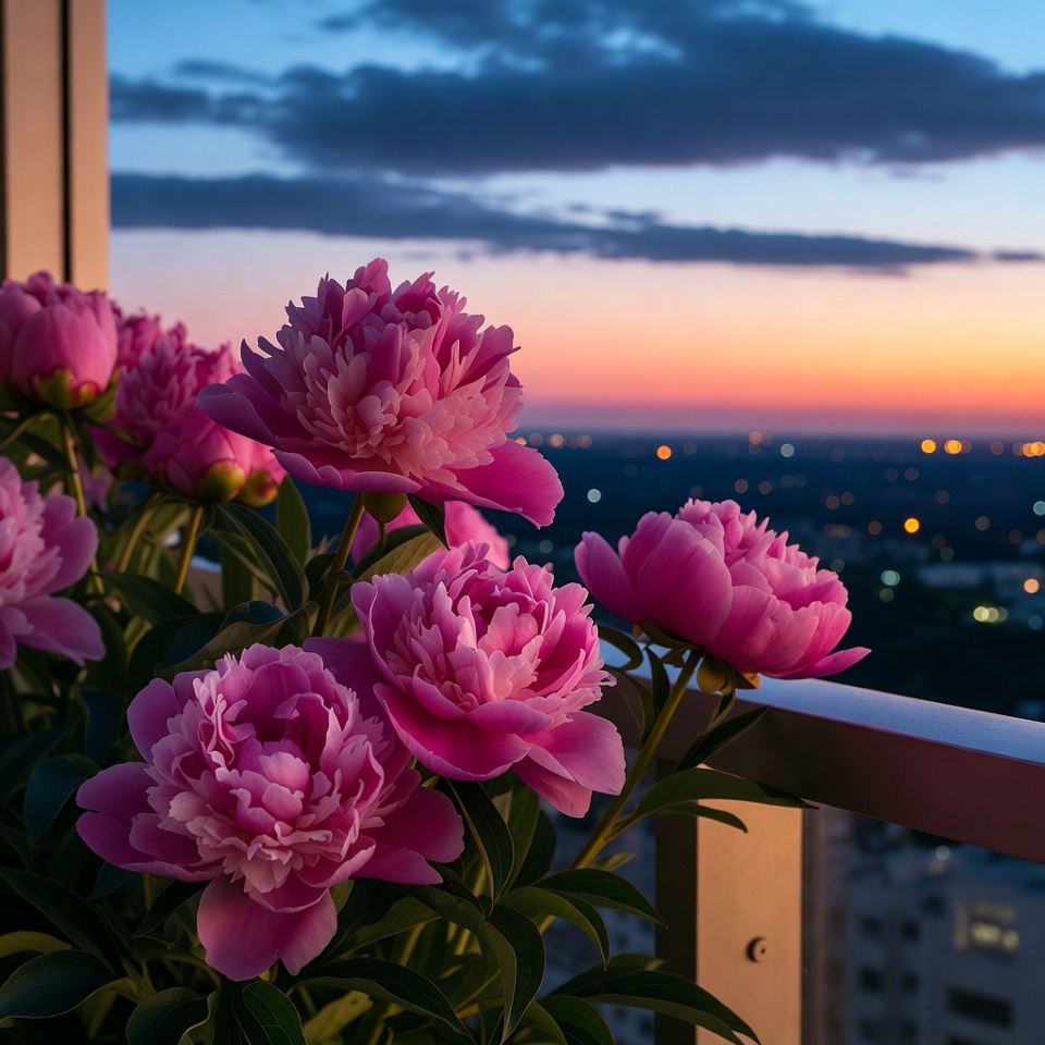 Pink peonies on balcony at sunset Pink peonies on balcony at sunset