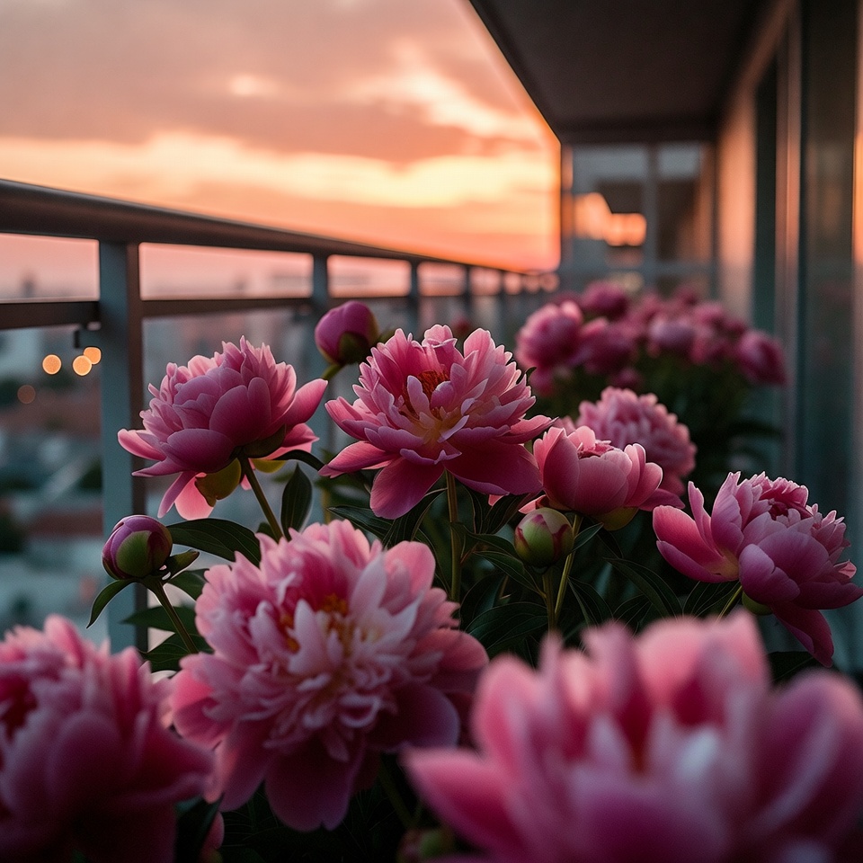 Pink Peonies on Balcony at Sunset Pink Peonies on Balcony at Sunset