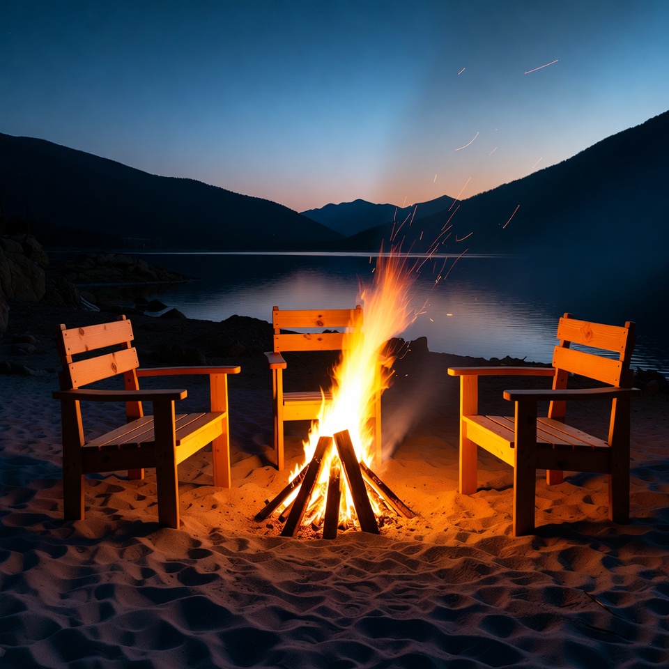 Campfire on Lakeside Beach at Sunset Campfire on Lakeside Beach at Sunset