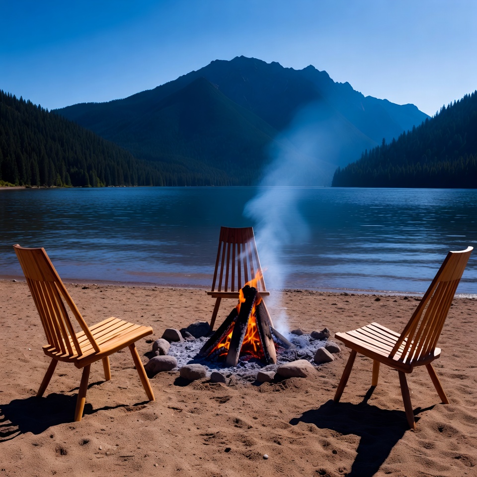 Campfire with chairs by mountain lake Campfire with chairs by mountain lake