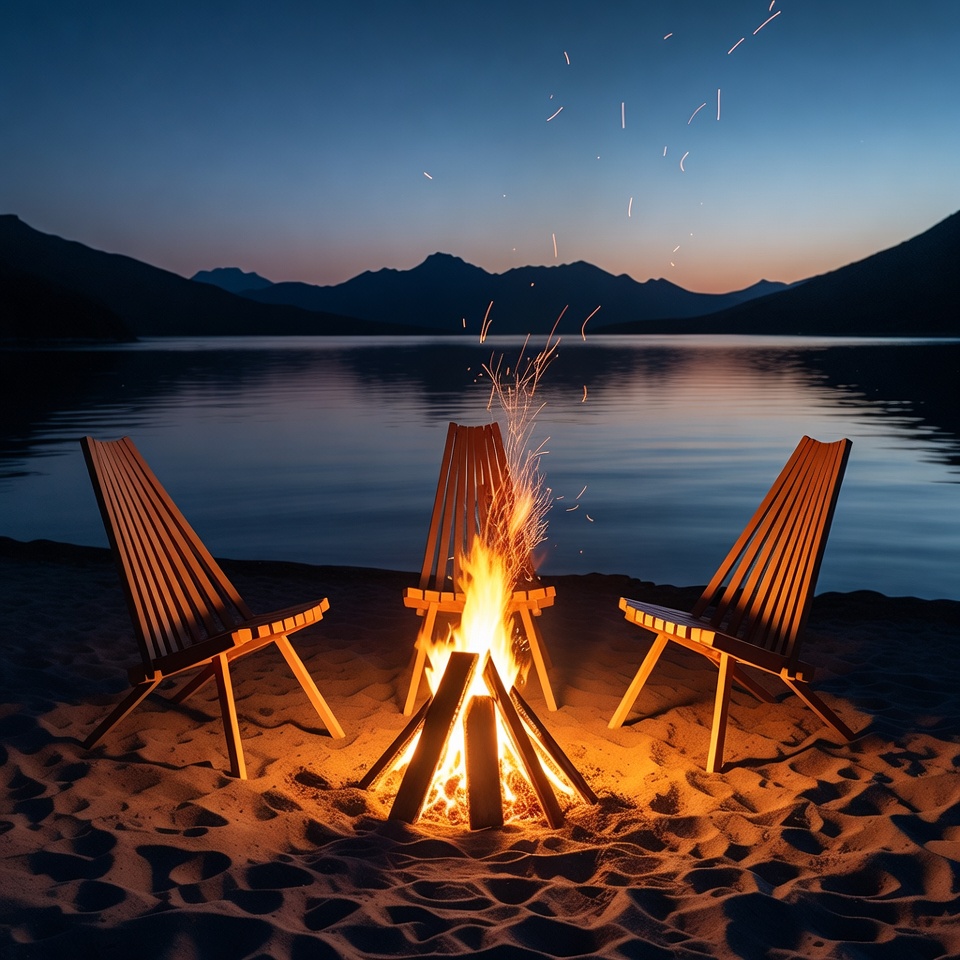 Campfire on beach with chairs at sunset Campfire on beach with chairs at sunset