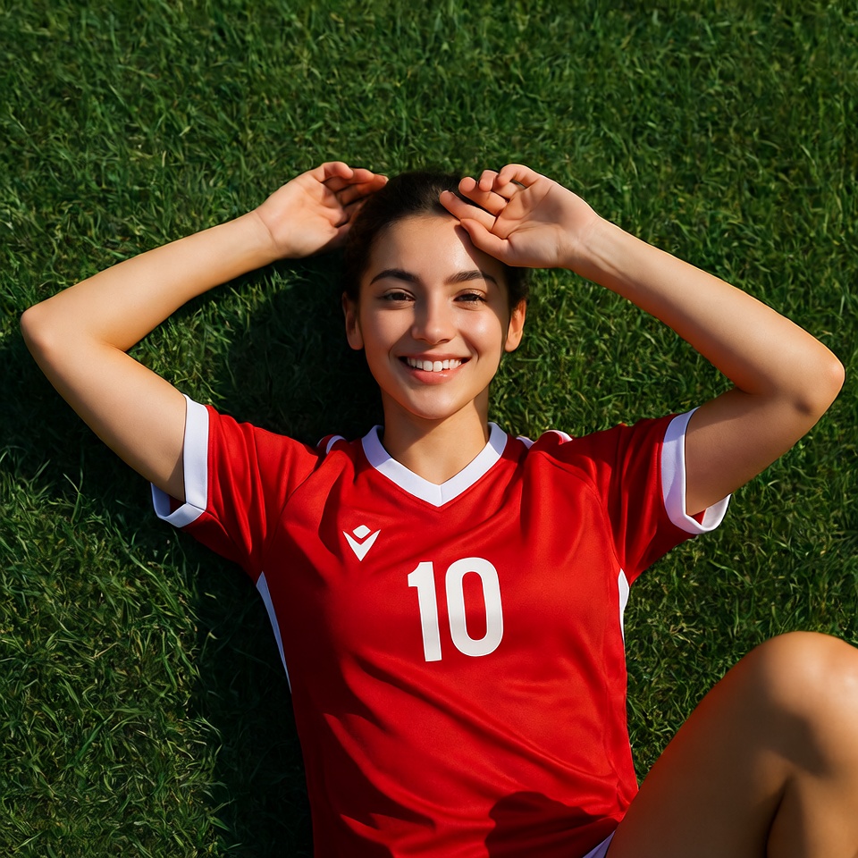 Smiling woman in red soccer jersey on grass Smiling woman in red soccer jersey on grass