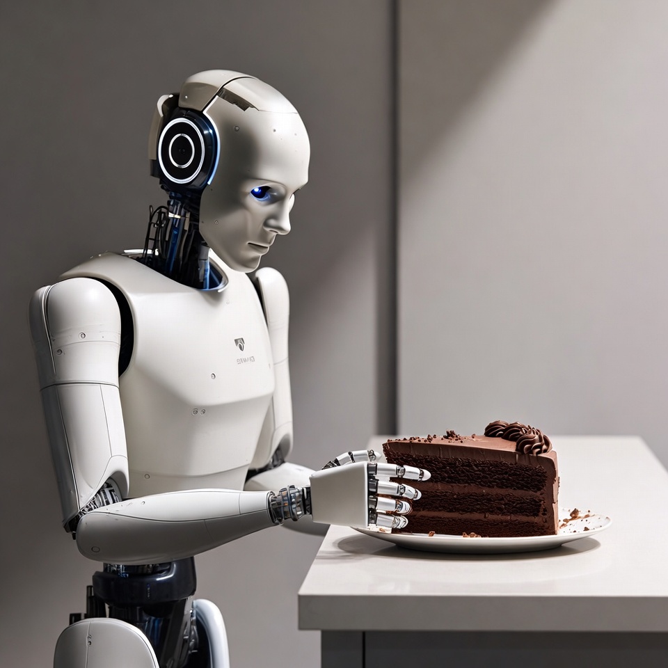 Robot holding chocolate cake slice Robot holding chocolate cake slice
