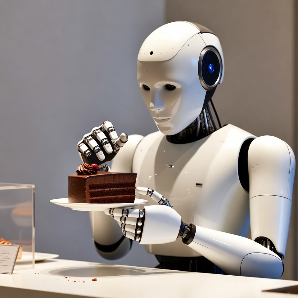 Robot eating chocolate cake Robot eating chocolate cake